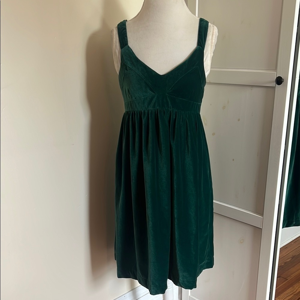 Lands' End Canvas Bohemian Green Velvet Ruched Sweetheart Mini Dress US Size 10